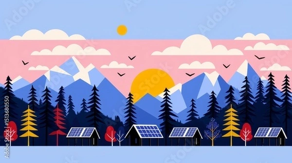 Fototapeta wildfire and  architecture concept. Colorful landscape with mountains, trees, and solar panels under a bright sky.