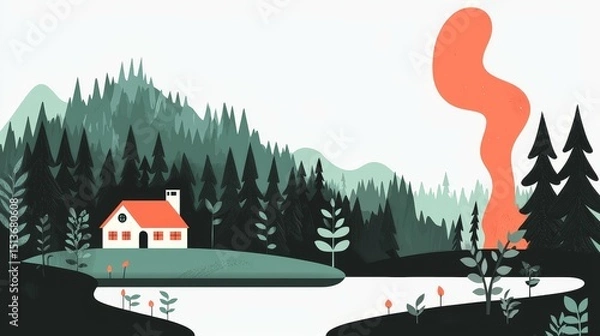 Fototapeta wildfire and  architecture concept. Stylized landscape with a house, trees, and a lake.