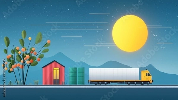 Fototapeta wildfire and  architecture concept. Colorful landscape with a truck, buildings, and a large sun.