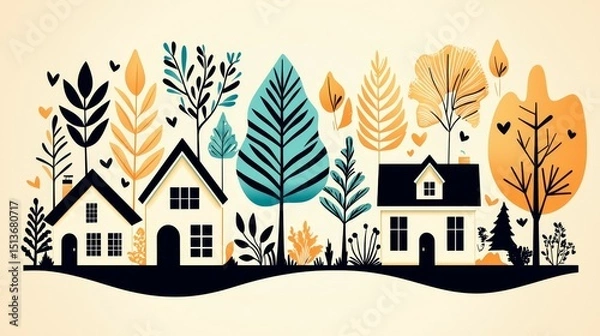 Fototapeta wildfire and  architecture concept. Colorful houses surrounded by stylized trees and leaves.
