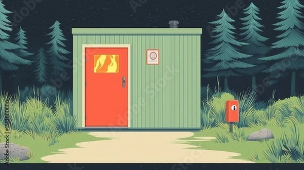 Fototapeta wildfire and  architecture concept. A colorful cabin in a forest setting at night.