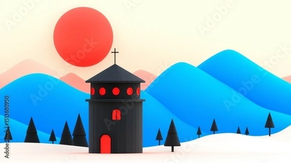 Fototapeta wildfire and  architecture concept. Colorful landscape with a church under a large sun and mountains.