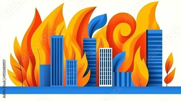 Fototapeta wildfire and  architecture concept. Colorful city skyline with abstract flames and leaves in a vibrant design.