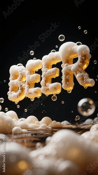 Fototapeta The beer liquid and foam form a word of "Beer" at the bubbles background.