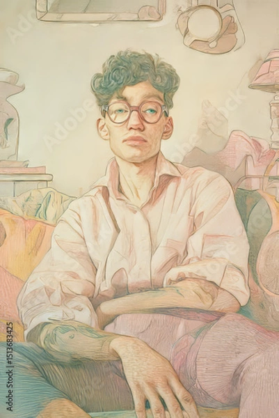 Fototapeta Charming mysterious character staring at viewer in surreal domestic parody scene with airy pastels and tinart style on velvety textured paper Generative AI