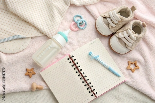 Fototapeta Flatlay of parenting essentials: baby bottle, pacifier, journal, tiny shoes, and toys on soft pastel blanket. Clean and gentle feel.