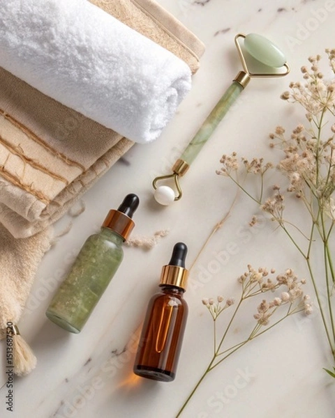 Fototapeta Flatlay of a minimalist skincare routine: dropper bottles, jade roller, soft towel, dry flowers, on marble or beige background. Soft shadows, clean spa vibe.
