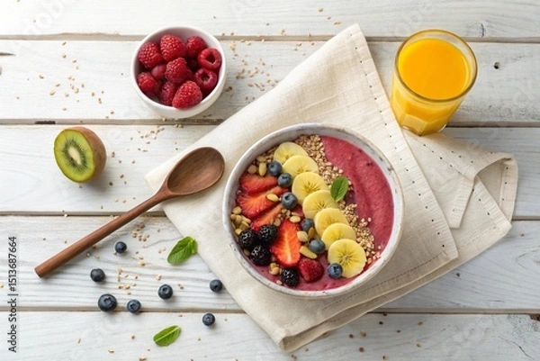 Fototapeta Flatlay of a healthy breakfast: smoothie bowl with fruits, wooden spoon, linen napkin, and fresh juice on rustic wooden table. Top-down, aesthetic clean style.