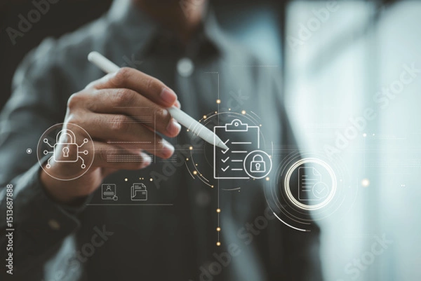 Obraz Hand holding stylus interacting with digital checklist and security lock icons on futuristic interface.