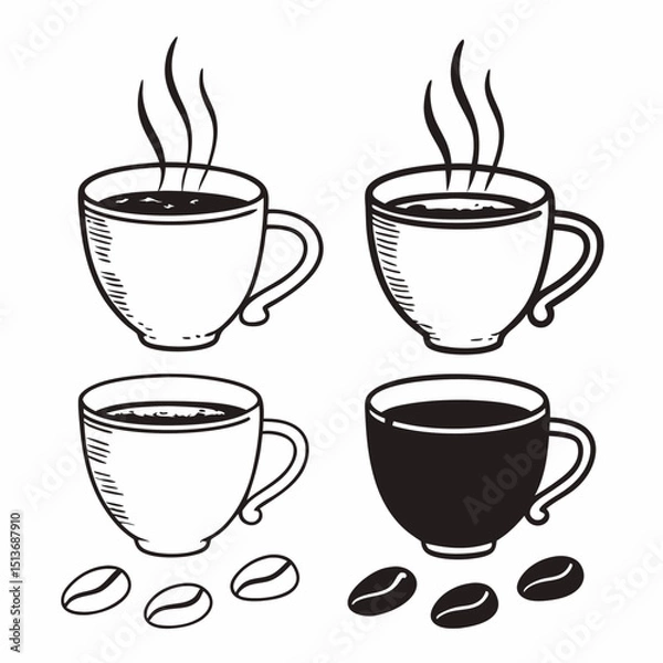 Fototapeta Hot coffee cups beans sketch design elements