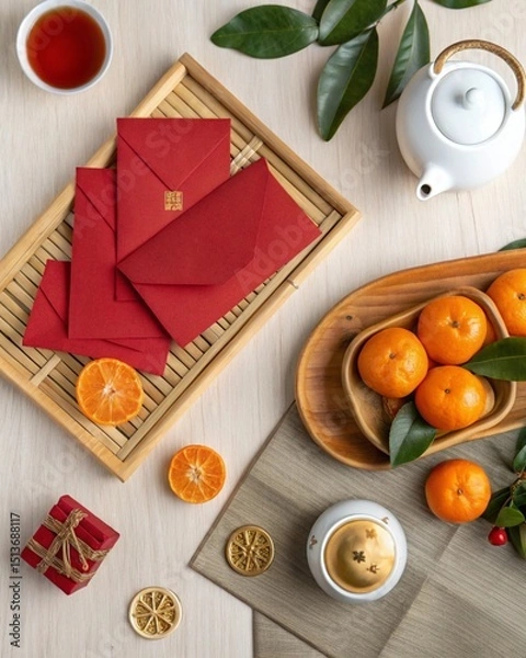 Fototapeta Flatlay of traditional Chinese New Year elements: red envelopes, mandarin oranges, bamboo tray, tea set, and golden ingots. Light, elegant presentation with modern touch.
