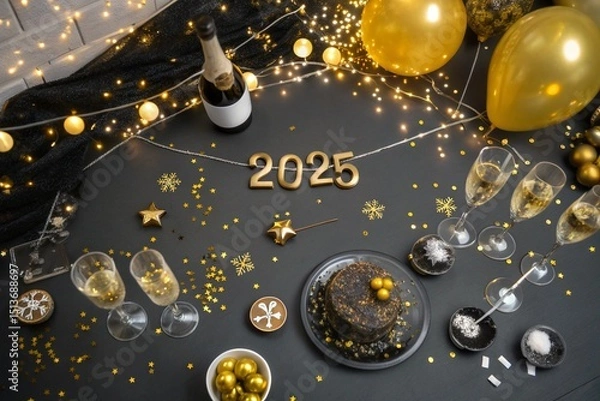 Fototapeta Top view of a festive New Year’s Eve table: champagne glasses, confetti, golden balloons, and a “2025” cake topper.