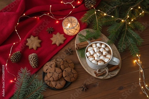 Fototapeta Flatlay of a cozy Christmas setting: red blanket, twinkling fairy lights, cinnamon cookies, a mug of hot chocolate with marshmallows, pine branches, and ornaments.