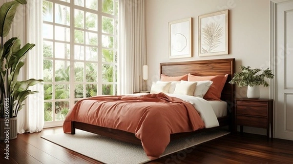 Obraz Modern and luxurious bedroom with a large window on the left side. the window has white curtains and offers a view of the greenery outside.