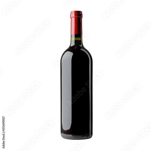 Fototapeta Isolated dark red wine bottle with red foil on top against a stark black background in studio shot
