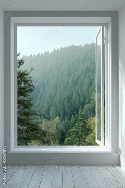 Obraz Big window in white room with beautiful pine forest view represent relaxing and peaceful