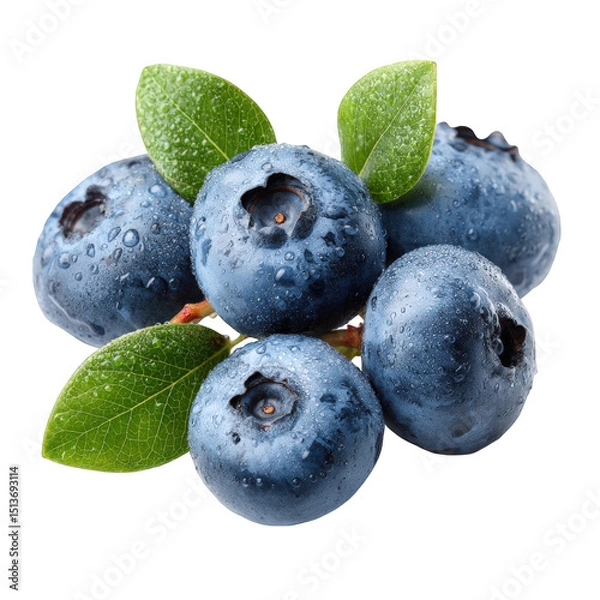 Fototapeta Fresh juicy blueberries with green leaves isolated on high resolution image perfect for food blog website or magazine article delicious summer berries close up macro on transparent background diet