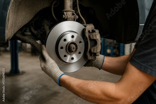 Obraz A mechanic works on a vehicle's brake system, carefully installing a new brake disc. The auto repair shop is well-lit, showcasing various tools and equipment in the background
