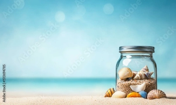 Fototapeta happy travel concept. Jar of seashells on the beach with a serene ocean background.