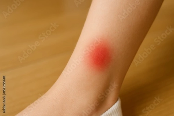 Obraz Swollen bug bite on leg with red irritation on skin indoors  