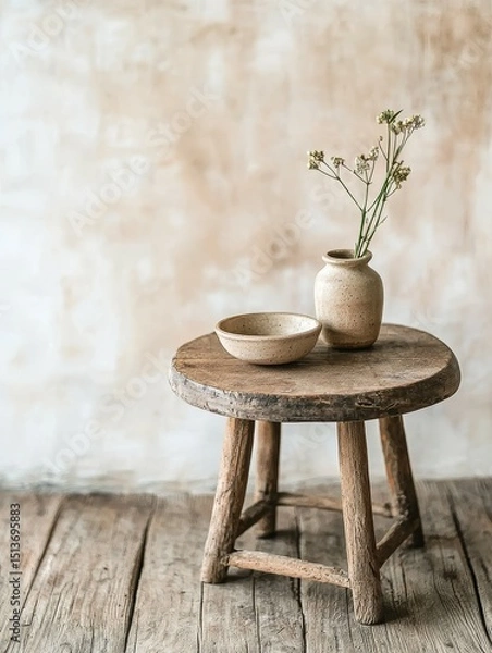 Fototapeta happy travel concept. Rustic table with vase and bowl on a textured background.