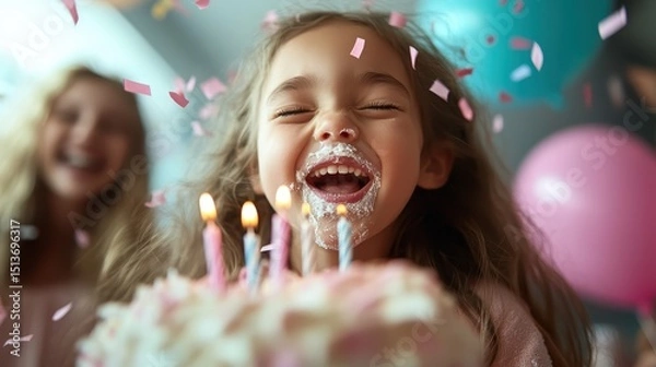 Fototapeta A joyful girl celebrates her birthday with a cake, surrounded by confetti and excitement, capturing the essence of happiness and childhood celebrations, perfect for family themes.