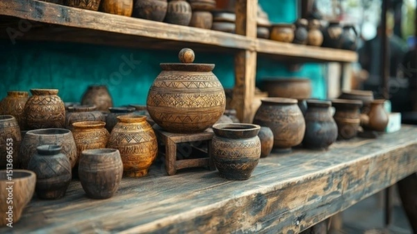 Fototapeta happy travel concept. Handcrafted pottery displayed on a wooden shelf with intricate designs.