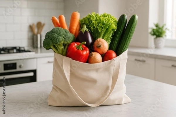 Obraz A reusable bag filled with fresh vegetables, including broccoli, carrots, lettuce, and cucumbers, placed on a kitchen counter in a well-lit room