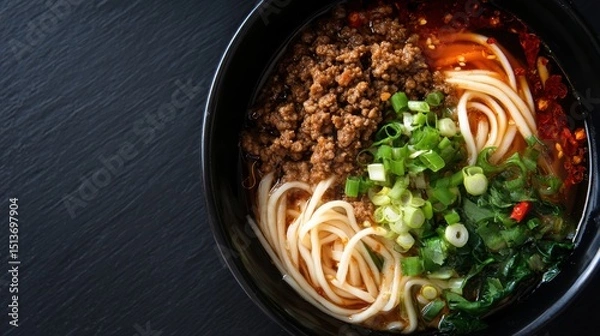 Fototapeta Close-up of a traditional Asian noodle soup in a dark bowl with ground meat vegetables and fresh green onions on a black background