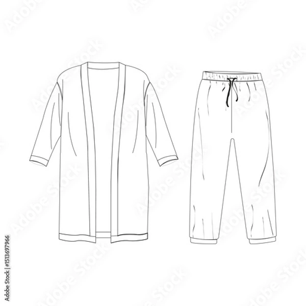 Fototapeta Women's kimono top Pajama suit with Wide lag pants design flat sketch fashion illustration drawing with front and back view. Flared pants with long sleeve pajama blouse top set cad drawing.