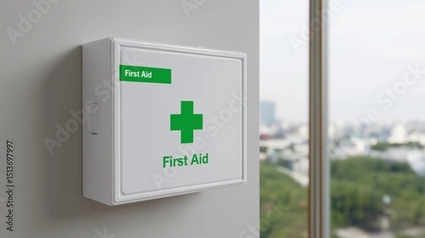 Obraz First Aid Box with City View – 3D Render in Office Interior
