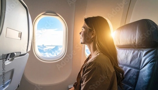 Obraz Woman gazing out of an airplane window during a scenic flight, experiencing reflection and wonder at the clouds and sky