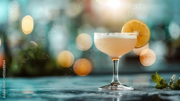 Fototapeta A beautifully crafted cocktail with a lemon slice sits elegantly in a glass, showcasing its creamy texture and inviting color, perfect for summer refreshment and relaxation.
