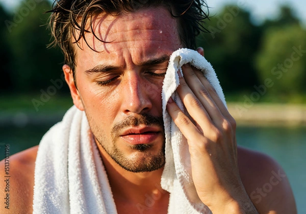 Obraz Overheated Man with Face Towel Cooling Down