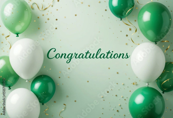 Fototapeta Festive Green and White Balloons with "Congratulations" Text and Confetti