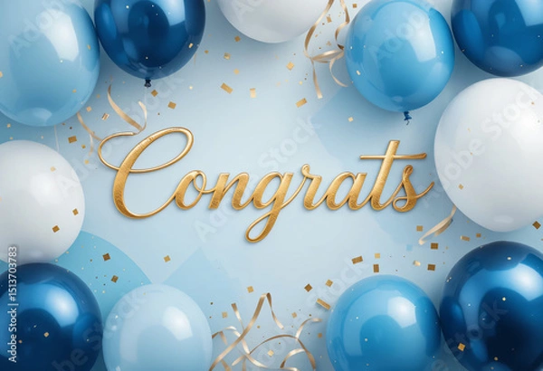 Fototapeta Cheerful Blue and White Balloons with "Congrats" Text and Confetti