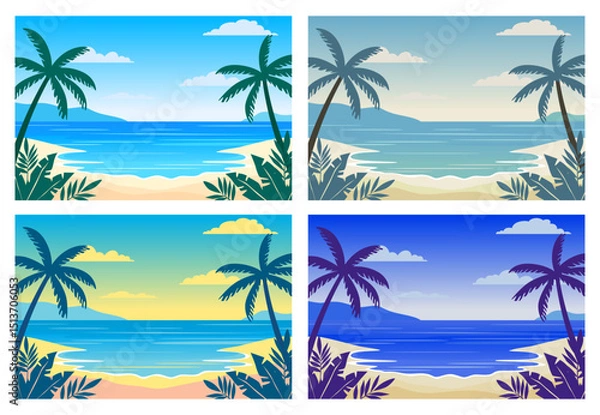 Obraz Beach in the morning, evening, night and day, set of vector illustrations of landscapes. Beach with palm trees at different times of the day. Set of paradise beaches for design.