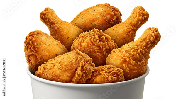 Fototapeta Crispy fried chicken bucket with spicy wings and drumsticks, perfectly fried with visible seasoning and herbs, on a transparent background