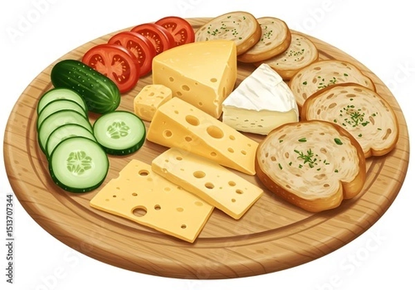 Fototapeta Cheese and Vegetable Platter with Sliced Bread