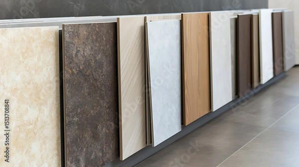 Fototapeta Selection of tiles in varying colors and textures, displayed neatly in a showroom. Ideal for flooring or wall coverings in interior design projects.