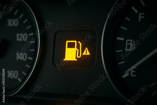 Obraz Empty fuel warning light on modern car dashboard close-up