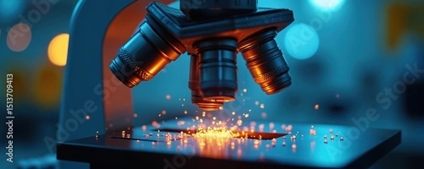 Fototapeta Close-up of microscope observing glowing particles in a lab. Scientific research, technological innovation in process. Futuristic aesthetic. Science concept.