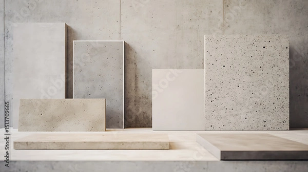 Obraz Architectural composition with concrete blocks in neutral tones against a raw concrete wall backdrop. Minimalist aesthetic, structural design.