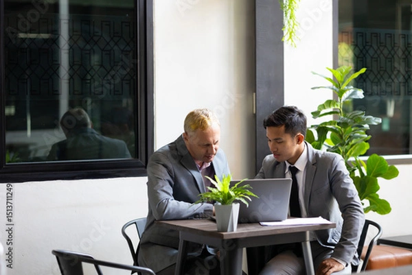 Fototapeta Business meeting : Business colleagues talking in the office. Group of business man talking in modern office building