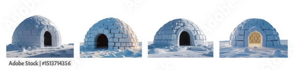 Fototapeta A captivating sequence unfolds, showcasing the architectural ingenuity of traditional igloos set against a wintry expanse of pure white snow, isolated on transparent background, cut out, png