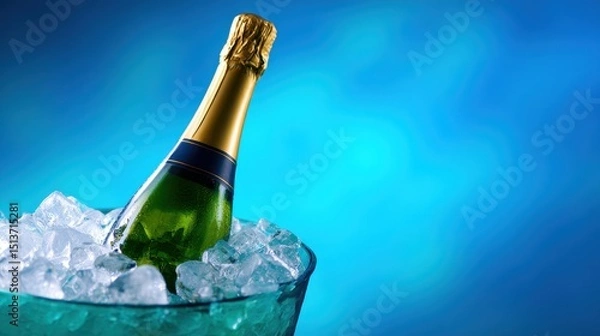 Obraz Chilled champagne bottle resting in ice, set against a vibrant blue background, perfect for celebrations