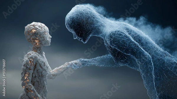 Fototapeta Hands of robot and human touching on Infrastructure as a Service (IaaS) global network connection, cloud computing solutions, scalability, data storage, and artificial intelligence technology.