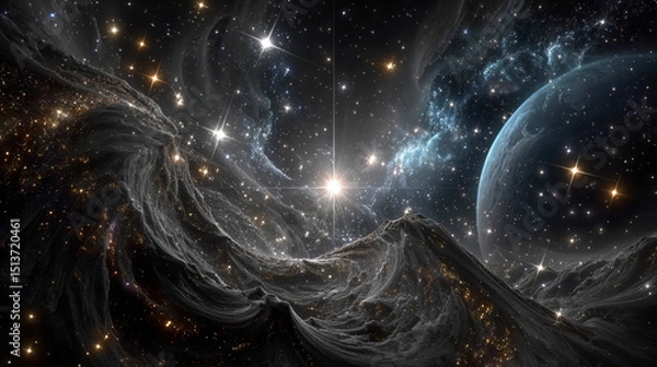Fototapeta Shining night starry sky png, dark space background with stars. Stars or stardust in deep universe, galaxy. Vector Illustration isolated on transparent background.