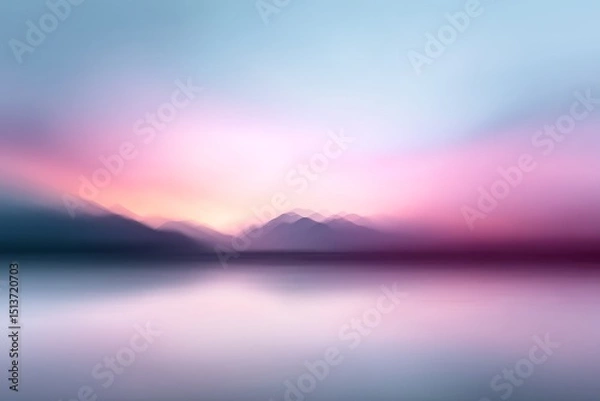 Fototapeta Serene Mountain Lake Sunset - Dreamlike of a tranquil lake reflecting a soft sunset over hazy mountains. Peaceful and calming