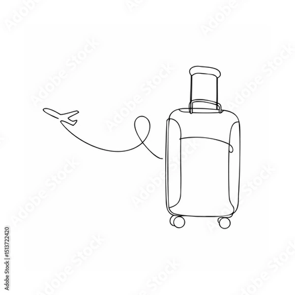 Fototapeta Continuous line drawing of airplane taking off near a luggage suitcase ready for travel